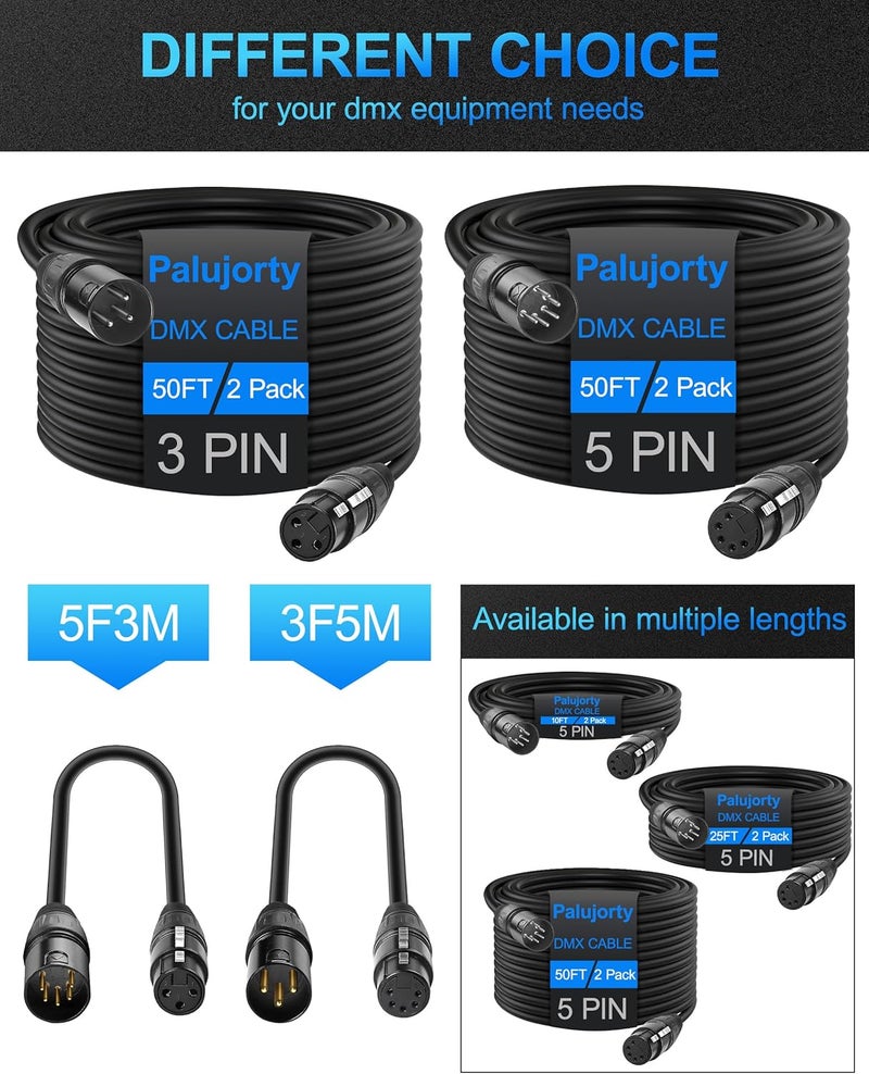 Palujorty DMX Cable 50 FT 2 Pack 3 Pin for DMX512 Stage DJ Lighting fixtures Controller - Image 5